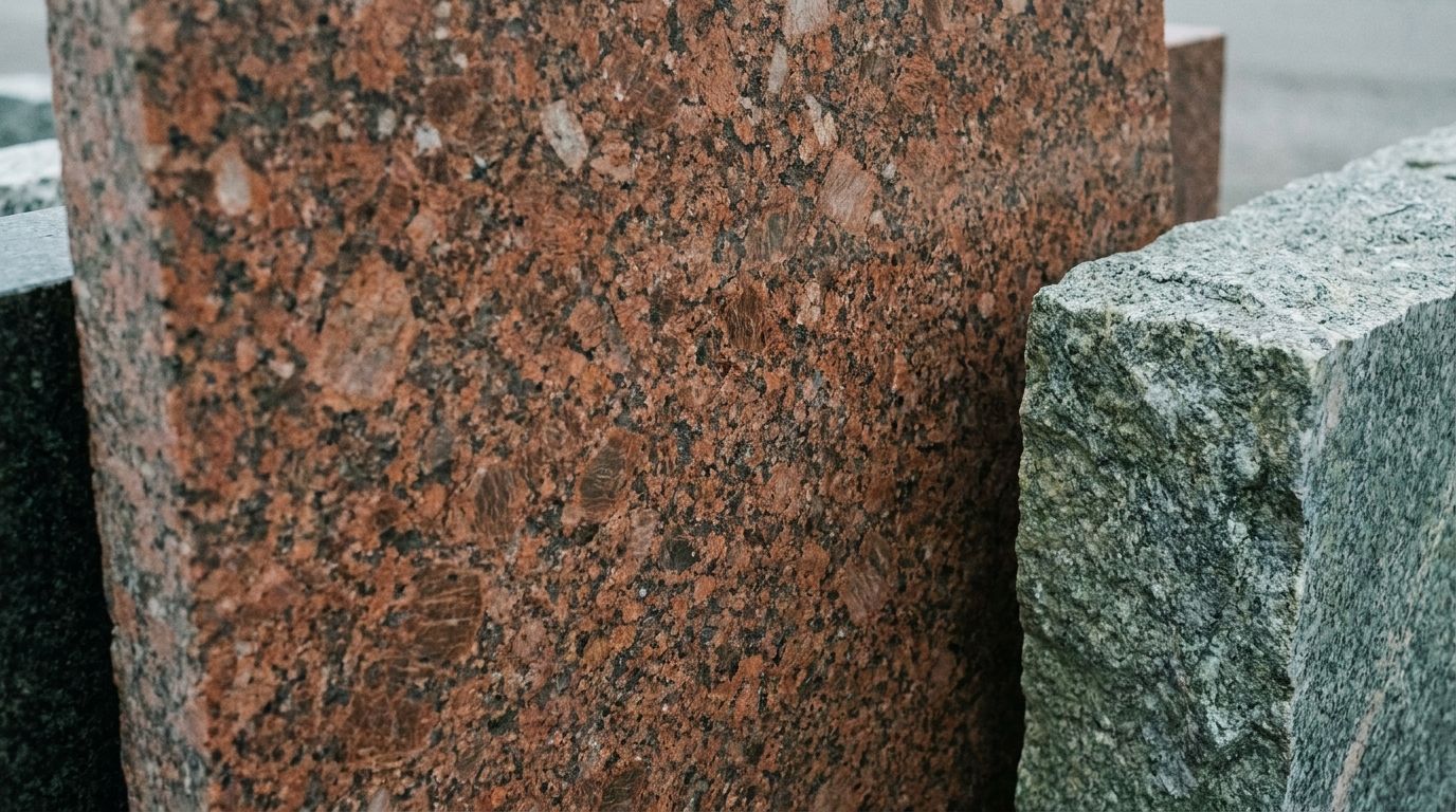 Образцы цветного гранита: красно-коричневый и серо-зелёный