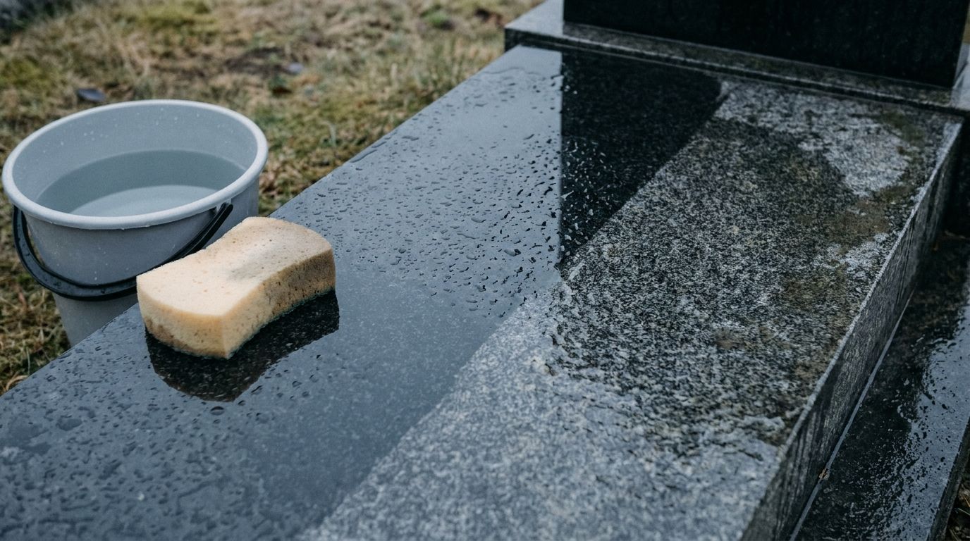 Мытьё полированной гранитной плиты губкой и водой