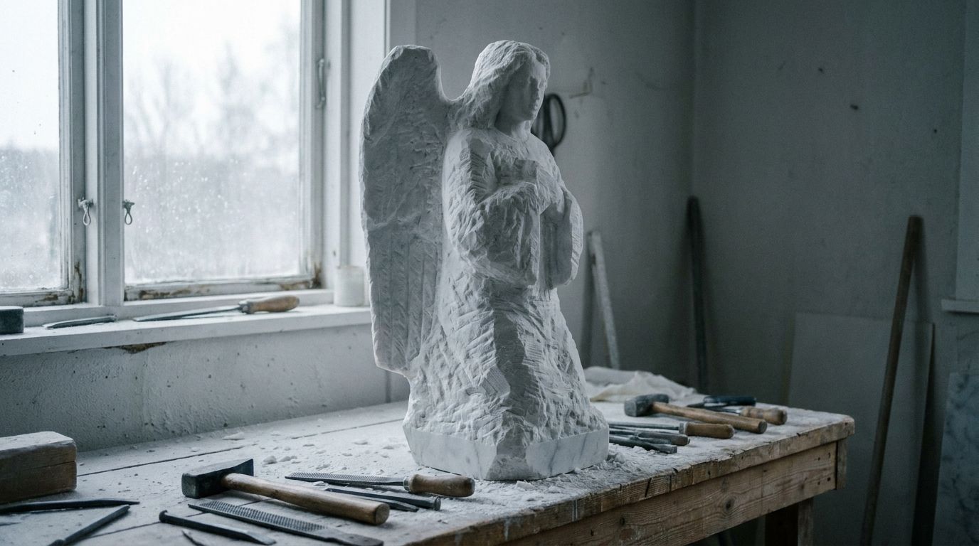 Резная мраморная скульптура в работе на верстаке мастерской