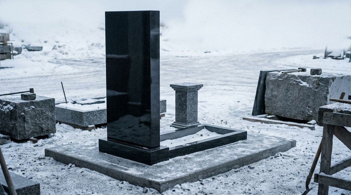 Памятник-стела из чёрного гранита с тумбой и цветником