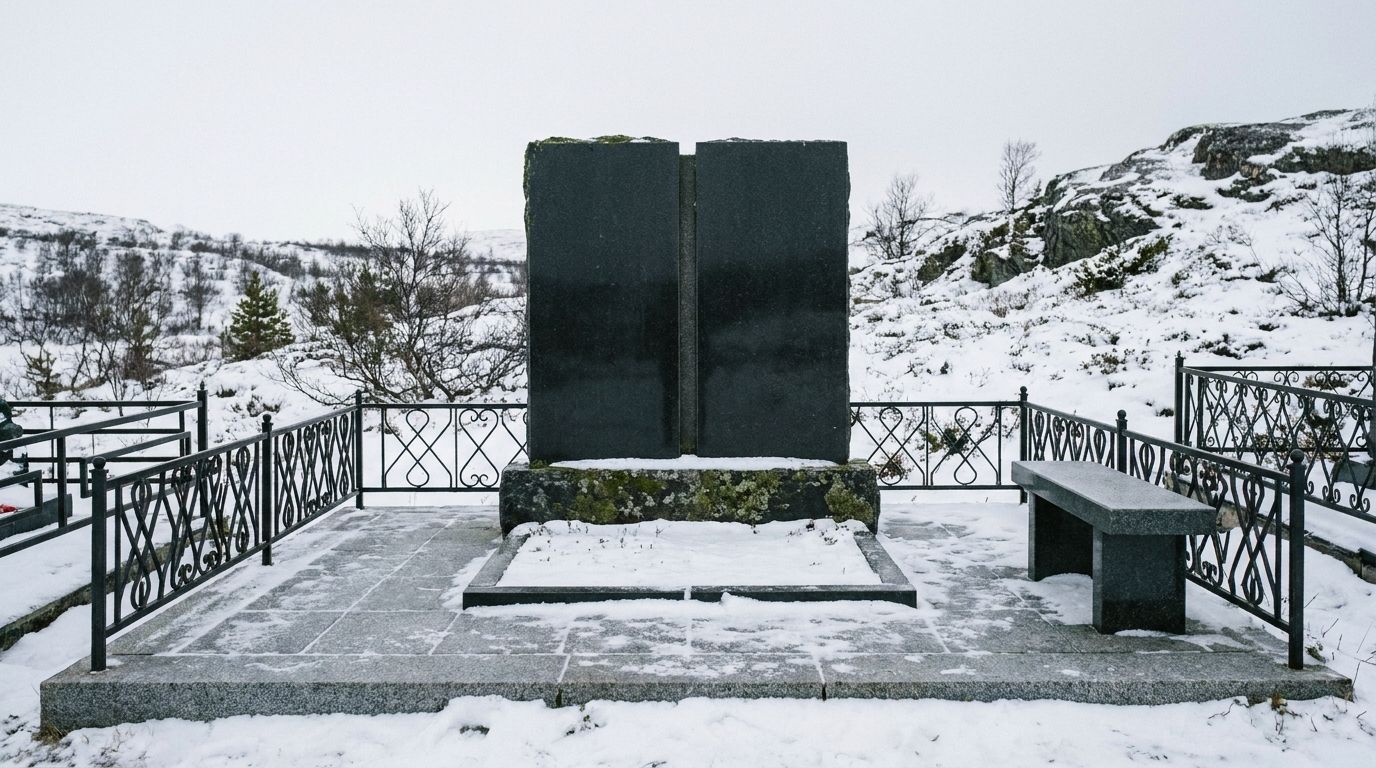 Двойной мемориальный комплекс из чёрного гранита с оградой и скамьёй